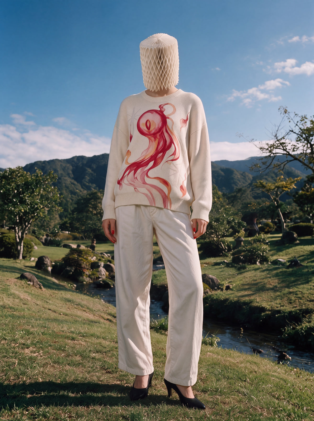 Model wearing Hitodama Knit (Akane), full front view outdoors